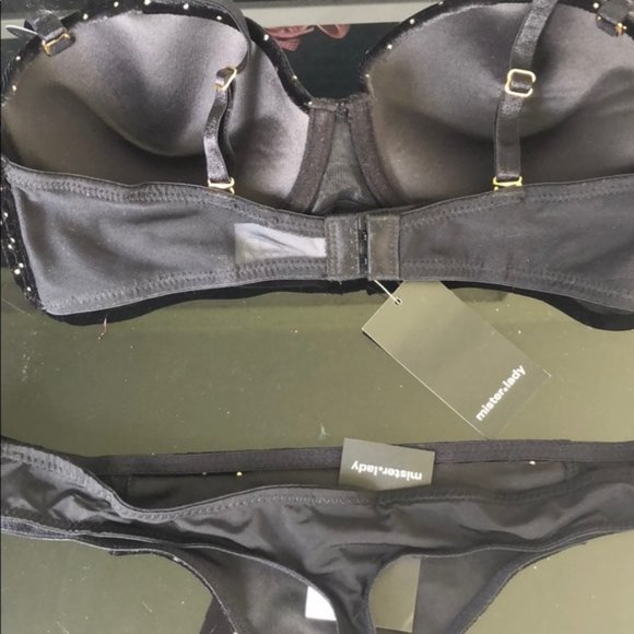 Classy Black Studded Velvet Bra Thong Set - Picture 5 of 9